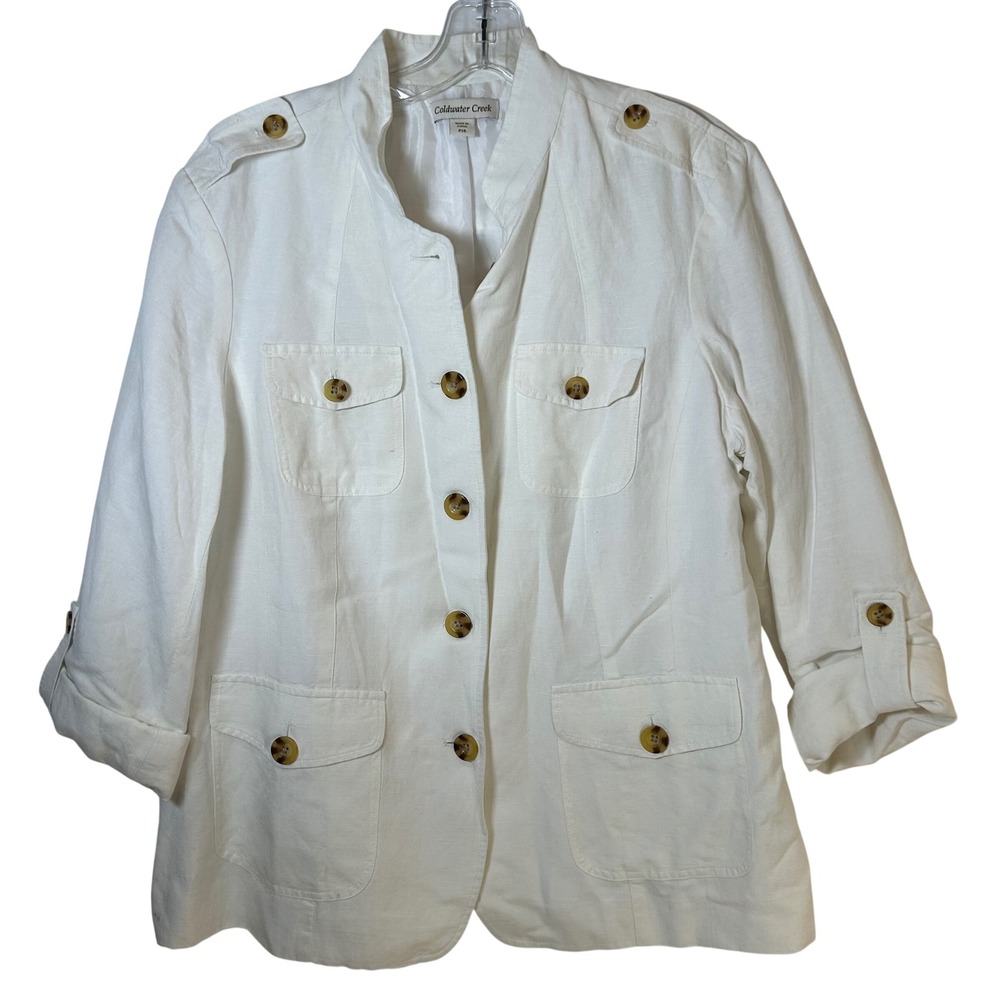 Coldwater Creek White Linen Blend Utility Safari Jacket Petite 14 P14 Epaulettes